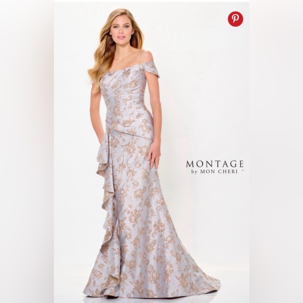 Montage by Mon Cheri Powder Blue and Gold Floral Off-Shoulder Maxi Dress